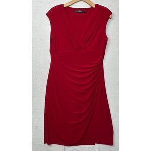 Lauren Ralph Lauren Red Cap Sleeve V Neck Sheath Dress Ruched Waist Sz 12